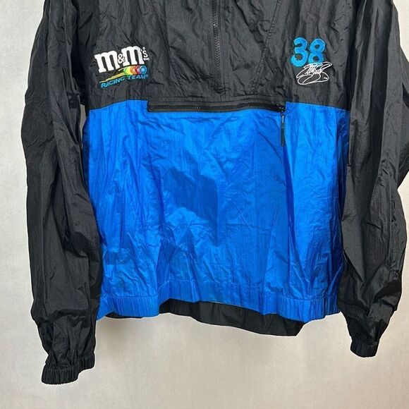 Vtg Elliott Sadler NASCAR Windbreaker Pullover w/Hood Sz XXL m&m's 38 Blue Black - Picture 3 of 10